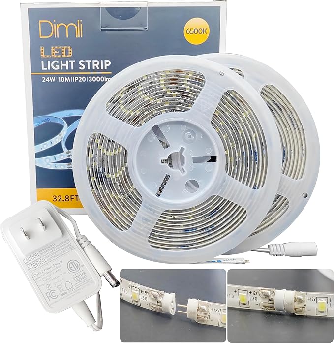 Yonikku Bright White LED Strip Lights - 32.8FT Waterproof Outdoor & Indoor LED Tape Light (6500K, Plug-in)
