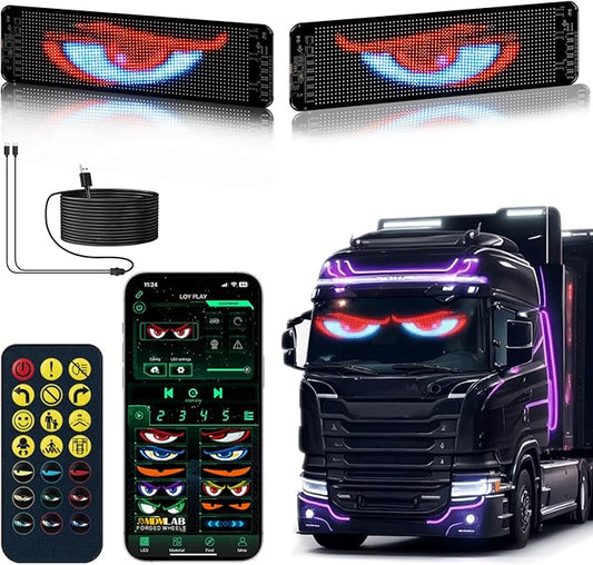 Gelrova Dual-Panel Blinking Devil Eyes Light LED Car Windshield Display: 2-Pack 14"x4" Programmable Matrix, Single USB Power, Remote/App Control, Custom Text/GIFS for Car SUVs, Trucks