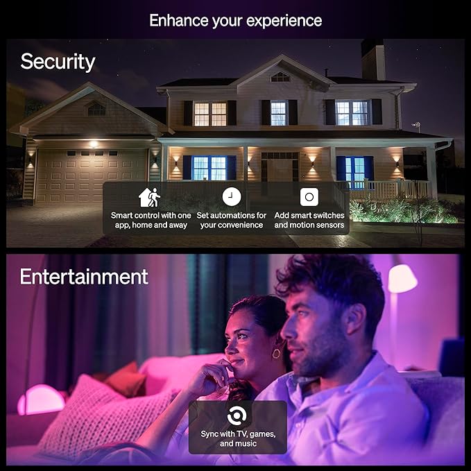 Philips Hue Essential Smart LED A19 Bulb, White and Color Ambiance, E26 Base, 8.8W, 2200K-6500K, 800 Lumens, Dimmable, Works with Alexa, Google, and Apple Home, 2-Pack