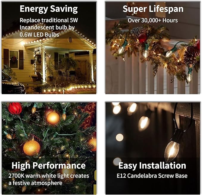 12FT C7 LED Christmas Lights Outdoor Indoor, Plug in Warm White String Lights for Porch, Railing, Staircase, Patio Decor, Green Wire