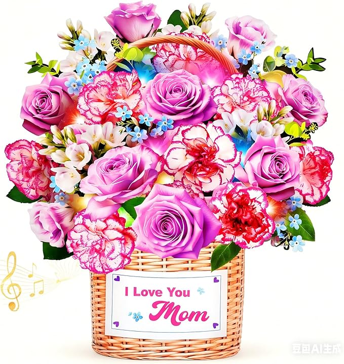 Mothers Day Card With Music & Lights, 3D Pop Up Mothers Day Gifts, Carnation & Rose, 10 Inch Life Sized Forever Flower Bouquet Birthday Card for Mom Wife Women Her