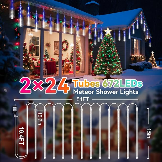 KNONEW 2Pack Total 48 Tube Meteor Shower Lights,15 in 672 LEDs Christmas Lights Outdoor Waterproof Plug in Falling Rain Light for Xmas Tree Wedding Party Garden Decorations (Blue and Cool White)