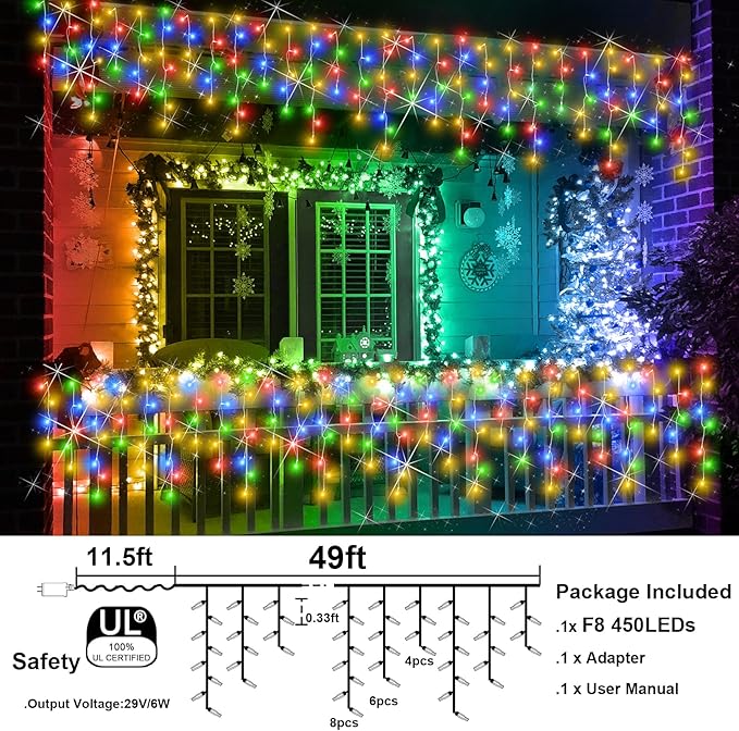 Christmas Lights Outdoor, 98FT 900LED Ice Lights for Outside, Ice String Lights with 8 Modes, Waterproof Timer Memory Hanging Light for Eaves Party Yard Garden(Multicolor)