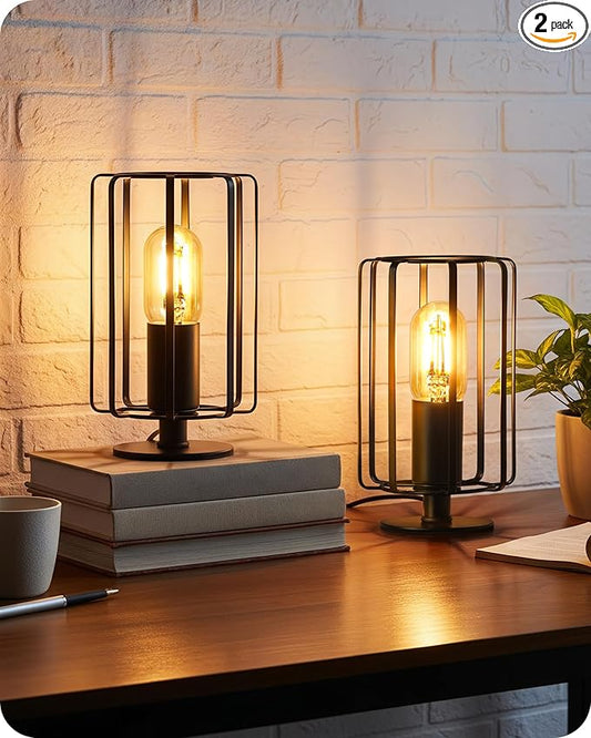 Industrial Table Lamp Set of 2, Small Bedside Lamp with Dimmable 2400K Warm Light LED Bulb, Vintage Desk Lamp, Rustic Nightstand Lamp for Bedroom, Study, Office, Small Space, Black B05TLP205