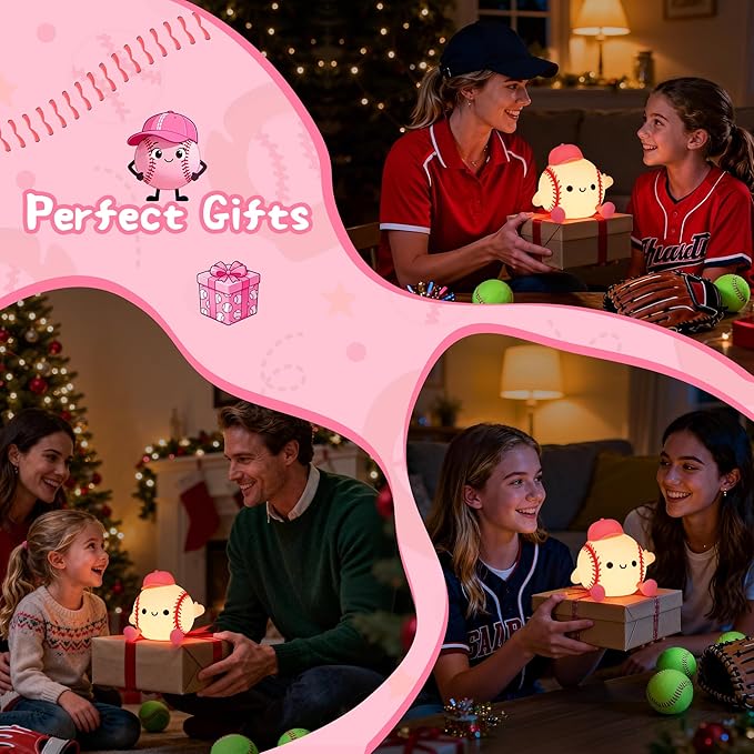 Softball Night Light, Cute Softball Gifts for Girls, Dimmable Rechargeable Silicone Touch Bedside Lamp for Girls Daughter Room Dorm Softball Fan Sporty Decor
