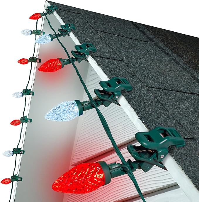 C9 LED Christmas Lights Outdoor, 99 Feet 150 LED C9 String Lights with 150 Spring Clips, Waterproof Connectable Christmas Tree Lights for Outside Roofline Patio Home Xmas Decor, Red & Pure White