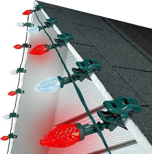 C9 LED Christmas Lights Outdoor, 99 Feet 150 LED C9 String Lights with 150 Spring Clips, Waterproof Connectable Christmas Tree Lights for Outside Roofline Patio Home Xmas Decor, Red & Pure White