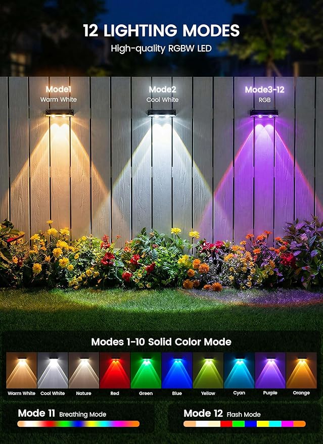Brightown 6 Pack Solar Lights Outdoor Waterproof, Color Changing Solar Fence Deck Step Flood Lights, Warm White & RGBCW 11 Color, IP65 Waterproof Garden Lights for Outside Backyard Yard Step Patio