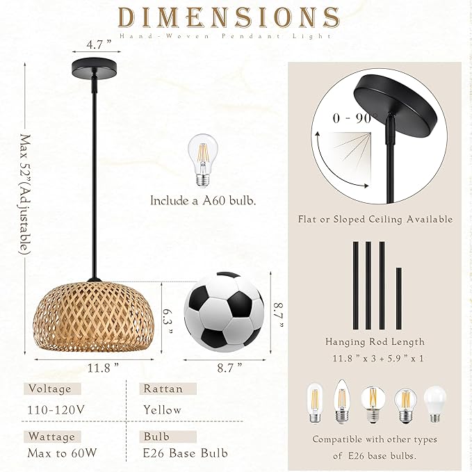 12" Bamboo Pendants Light Wicker Pendant Lights Boho Chandelier Adjustable Rustic Basket Rattan Pendant Wicker Light Fixture Woven Pendants for Kitchen Island Dining Room (Bulb Incl.)