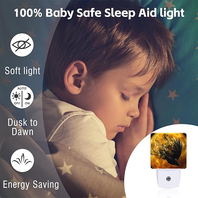 Crow with New Moon Night Light Plug into Wall, Flying Crow Dusk to Dawn Night Light,0.5w Energy Saving Sleep Friendly Nightlights for Kids Boys Girls Home Decor