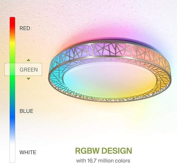 ASD 20 Inch Smart RGBW Flush Mount Ceiling Light with Remote - Brushed Nickel 42W 120V 2700-6500K Dimmable Ceiling Light Fixture, WiFi App Control RGB Lights, Alexa & Google Assistant - ETL