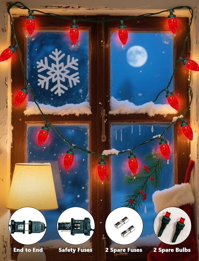 C7 LED Red Christmas Lights Outdoor, 26Ft Outdoor Xmas Decorations String Lights Waterproof with 50 C7 Strawberry Red Bulbs, Plug in Vintage Christmas Lights for Indoor Roofline Backyary House Garden