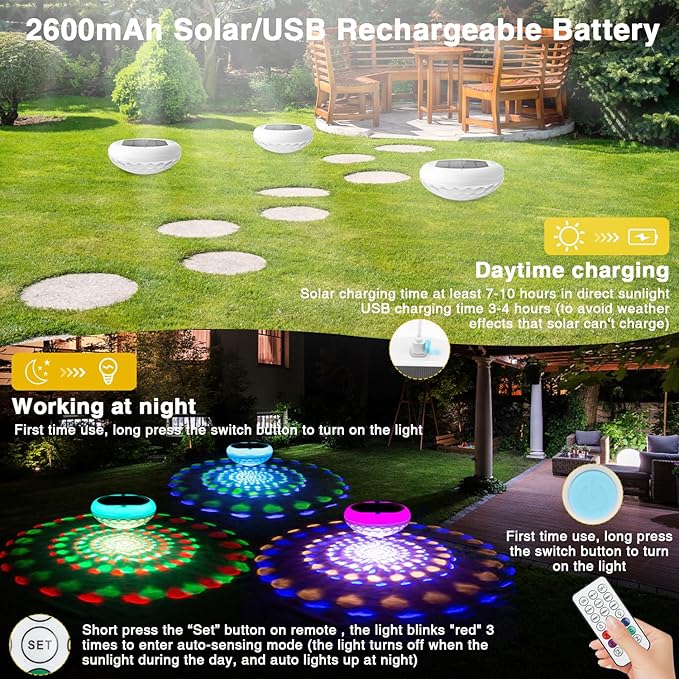 Solar Floating Pool Lights(2 PCS), USB Rechargeable 2600mAh Pool Lights with Remote, 6.69 Inch IP68 Waterproof RGB 6 Dynamic Modes Upper and Lower Glow Hangable Solar Floating Light for Garden