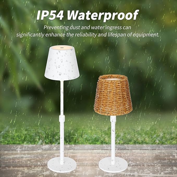 Mr.White Outdoor Waterproof Rechargeable Cordless Table Lamp with Telescopic Pole & Wicker Shade, 5200mAh Battery Operated Table Light with Touch Control, for Patio Restaurant Kitchen (White 2 Pack)