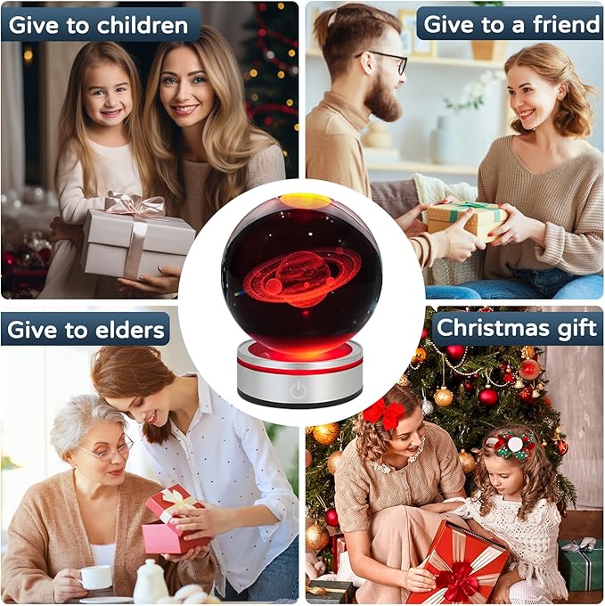 3D Saturn Crystal Ball Night Light with LED Colorful Lighting Touch Base 3.15 In Saturn Planet Glass Sphere Lamp for Birthday Christmas, Astronomy Space Universe Home Decor Gifts for Women Men Kids