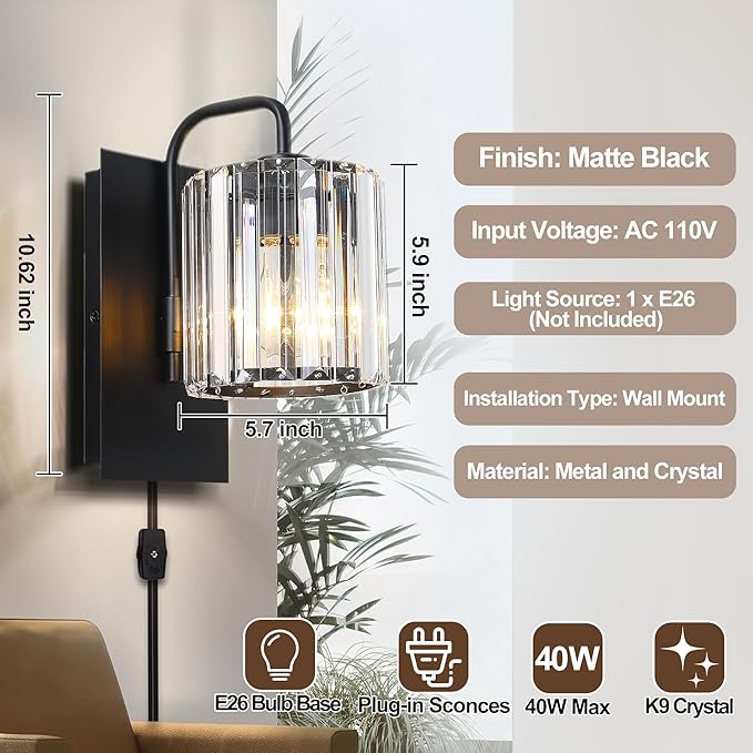 Plug in Sconces, Square Crystal Sconce Black Plug in Wall Sconce Crystal Wall Lamp with On Off Dimmer Cord, Glass Wall Light Fixtures for Living Room Bedroom Hallway Bedside