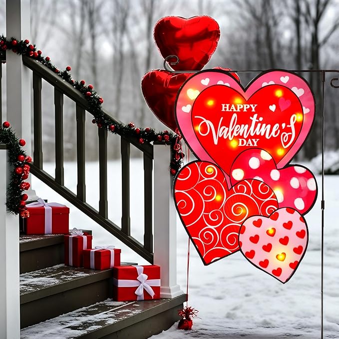 VIHOSE Valentine Garden Flag, 12 x 18 Inch Double Sided Solar Powered LED Heart Flag with Lighting 8 Modes Happy Valentine Red Love Heart Yard Flags Outdoor Banner for Valentine's Day Decorations