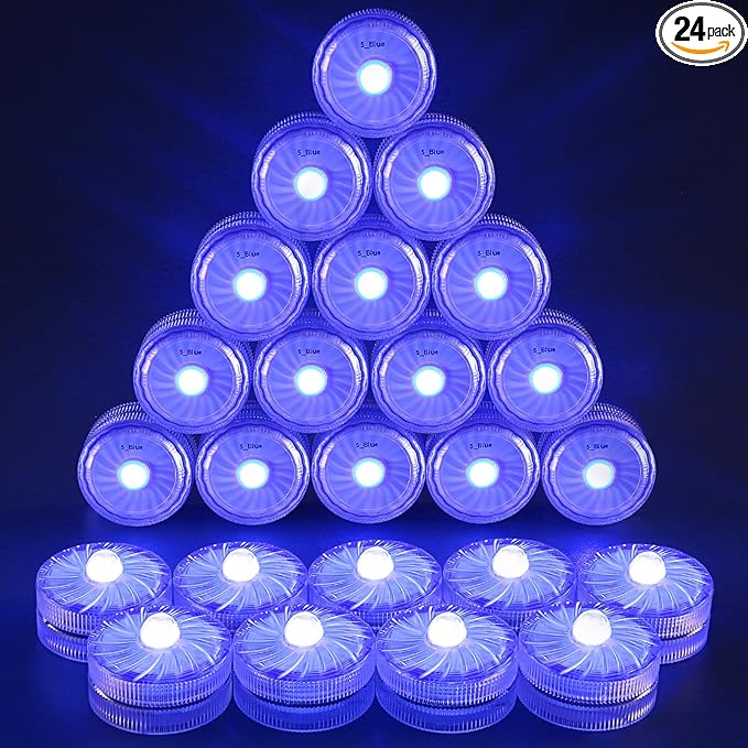 HL Submersible LED Light,Blue Small LED Light,100 Hours Waterproof Flameless Led Lights Battery Powered for Wedding Home Vase Festival Party Decoration 24pcs (Built-in 48 Batteries)
