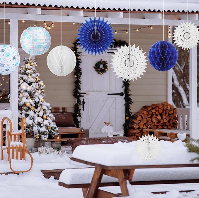 Retisee 18 Pcs Winter Party Decorations Snowflake Paper Lanterns Blue Sliver Hanging Paper Fans Hanging Honeycomb Ball for Wonderland Party Holiday Winter Decor Supplies