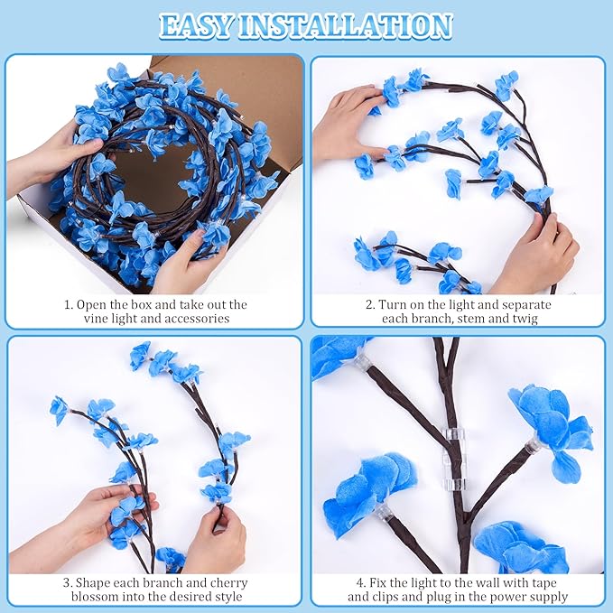 7.55 FT 144 LED Blue Cherry Enchanted Willow Vine Lights,Cherry Blossom Light with Remote Timer,8 Lighting Modes,LED Tree Branch Lights for Wall,Cherry Blossom Wall Decor for Bedroom Living Room