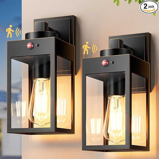 Gleamz 2-Pack Motion Sensor Porch Lights Outdoor, Dusk to Dawn Modern Black Gold Trim Exterior Light Fixtures Wall Mount for House, H11'' Waterproof Outdoor Wall Sconces for Garage, Coach, Entryway