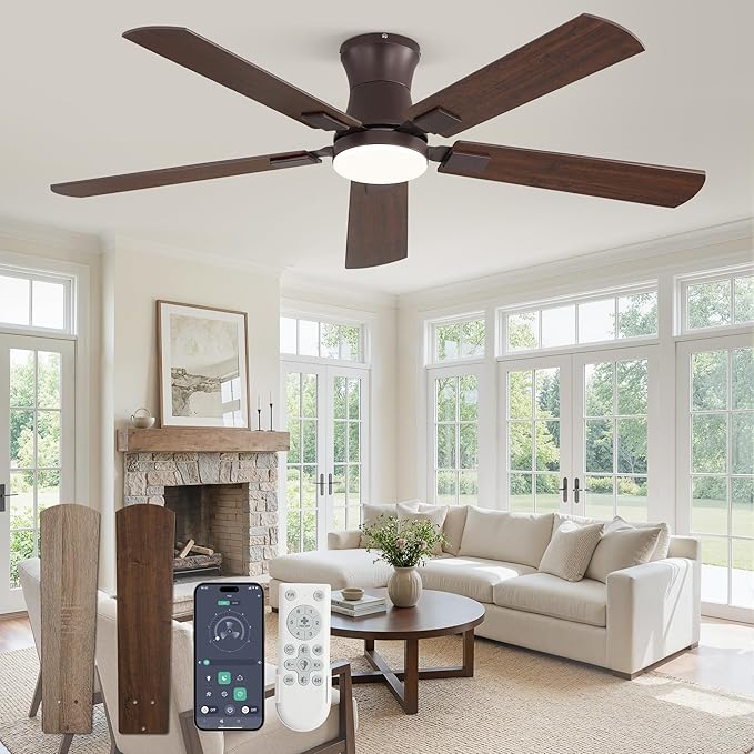Fanbulous 52 inch ceiling fan with light, Low Profile Ceiling Fan with Light, App&Remote Control, Dimmable LED Light, Flush Mount Ceiling Fan for Indoor Bedroom Living Room, Qiuet DC Motor