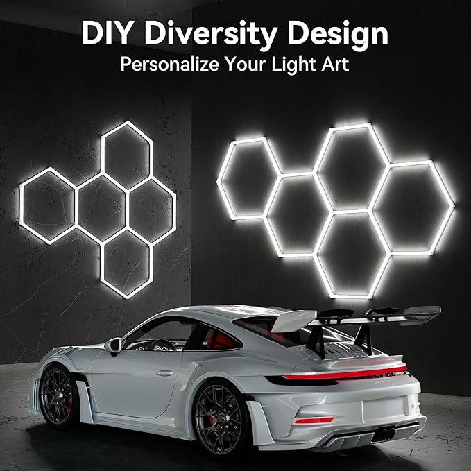 MODERN Hexagon LED Light: 14-Grid Honeycomb System with Border, 720W 86400LM 6500K Daylight for Garage, Car Detailing & Exhibition Hall Lighting