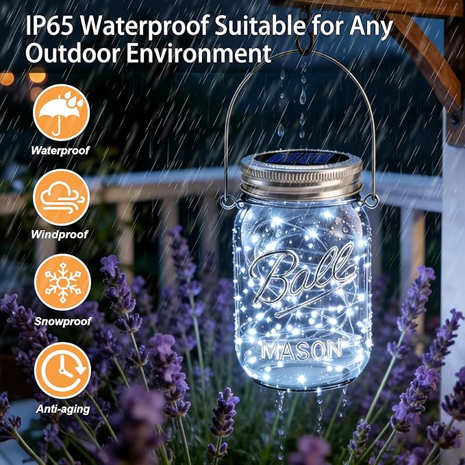VOOKRY 6 Pack Solar Mason Jar Lights, 30 LED Mason Jar Lids Waterproof Firefly Fairy String Lights with 6 Hangers(No Jars), for Outdoor Patio Garden Yard Lawn Party Wedding Decoration - Cool White