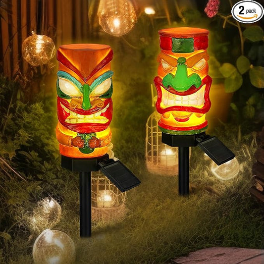 2 Pack Tiki Solar Lights 17 Inch Waterproof Outdoor Garden Decor Automatically Lighting Solar Statues for Yard Patio Balcony Lawn Tiki Bar Hawalian Luau Party
