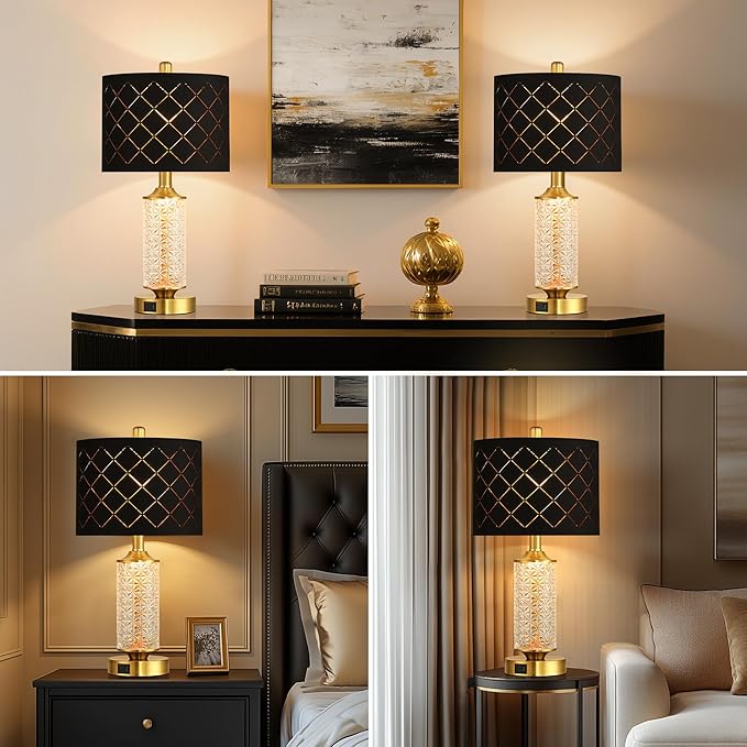 QiMH Set of 2 Table Lamps with USB A+C Ports, Black Grid Shade Modern Bedside Lamp with LED Night Light for Bedroom, Nightstand Lamps for Living Room Office, Gold(2 Bulbs Included)
