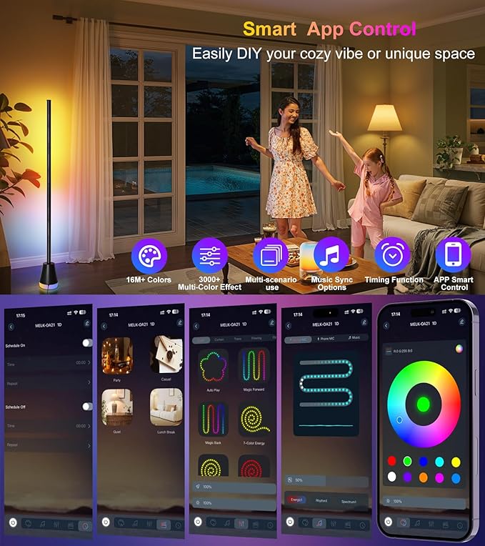 Corner Floor Lamp, Smart RGB LED Corner Lamp with App and Remote Control, 16 Million Colors & 68+ Scene, Music Sync, Timer Setting,Ideal Standing Lamp for Living Rooms,Bedrooms,Gaming Rooms
