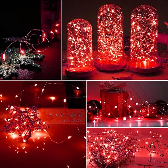 AIKEI 100 Pack LED Fairy Lights Battery Operated, Mini String Lights Waterproof 7ft 20 Led Firefly Starry Lighting 3 Modes for Wedding Party Bedroom Halloween Valentines Christmas Decoration Red