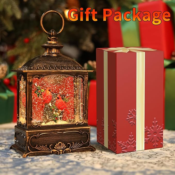Cardinal Snow Globe Christmas Decorations Lantern, Glittering Lighted Plug-in, 3 AA Battery Operated & USB Powered, Cardinal Snow Globe Lantern for Christmas Home Decoration and Gift
