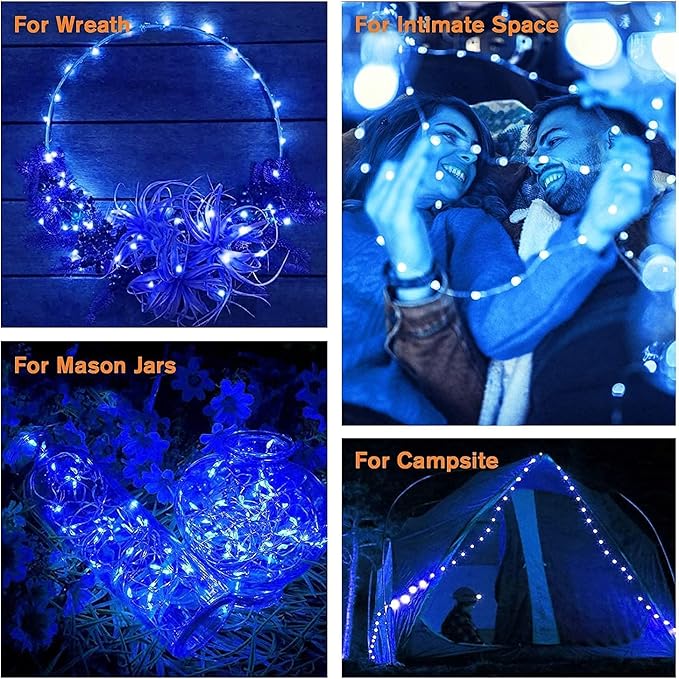 QITONG Blue Solar Christmas Lights, 4 Pack Each 33ft 100 LED Fairy Lights Outdoor Waterproof, 8 Modes Silver Wire Twinkle Mini Lights