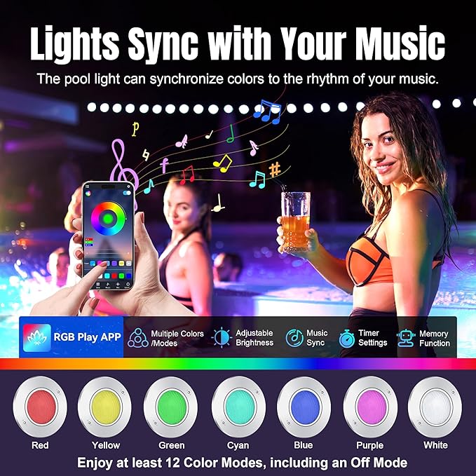 Pool Lights for Inground Pools, 10" LED RGBW Color‑Changing Pool Lights, IP68 Waterproof, AC 120V, 50 ft Cord, Controller, App & Remote Control, Fits 10" Pool Niche