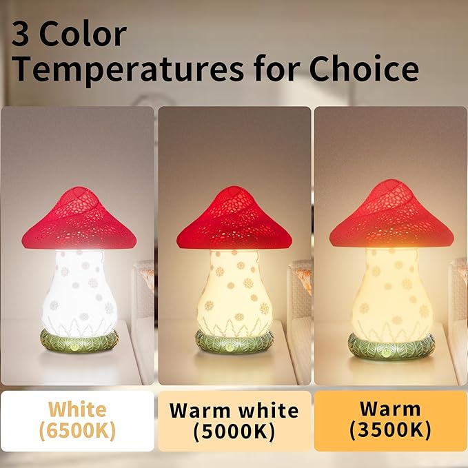 Mushroom Lamp for Bedroom - 360° Rotating Table Lamp with USB C Charging, Touch Control 3 Color Temperatures Bedside Lamp for Nightstand, Home Decor