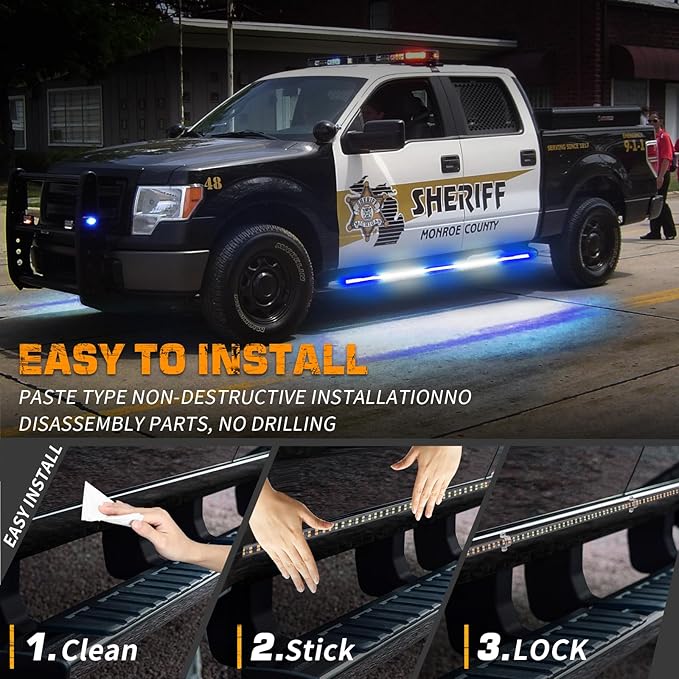 XRIDONSEN 2PCS 60 inch Blue White Emergency Lights Strip 720 LED Running Board Police Strobe Lights Firefighter Light Flashing Warning Safety First Responder Lights for Vehicles POV Trucks Pickup