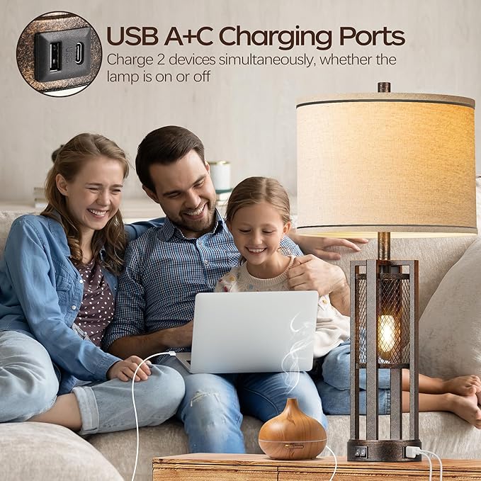 28'' Farmhouse Industrial Table Lamp Set of 2 - Rustic Bedside Nightstand Lamps with Dual USB A+C Ports, Bronze Metal Mesh Nightlight Desk Lamps for Bedroom Living Room, 4 LED Bulbs Included