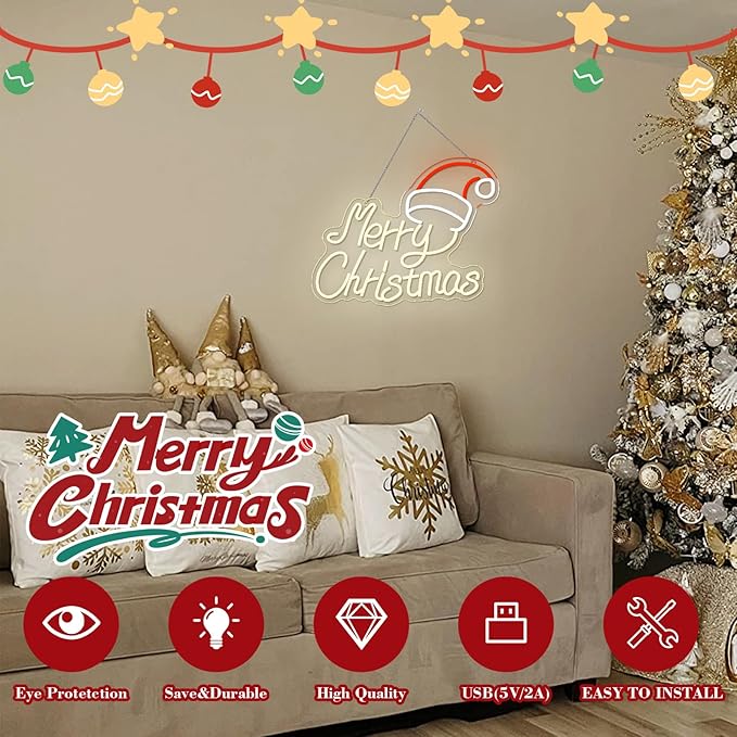 Christmas Neon Sign Merry Christmas Neon Signs for Wall Decor Santa Hat Led Lights Red Light Up for Party Bar Club Hotel Restaurant Shop Store Showcase Backyard Living Room Bedroom Decoration Gifts