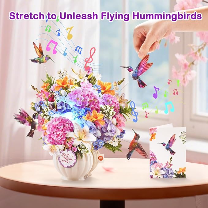 Pop Up Mothers Day Card with Music & Lights, 3D Pull-Out Flying Hummingbird Flower Bouquet Greeting Card, Elegant Floral Mom Keepsake Gift with Envelope for Mother Wife from Son Daughter Husband
