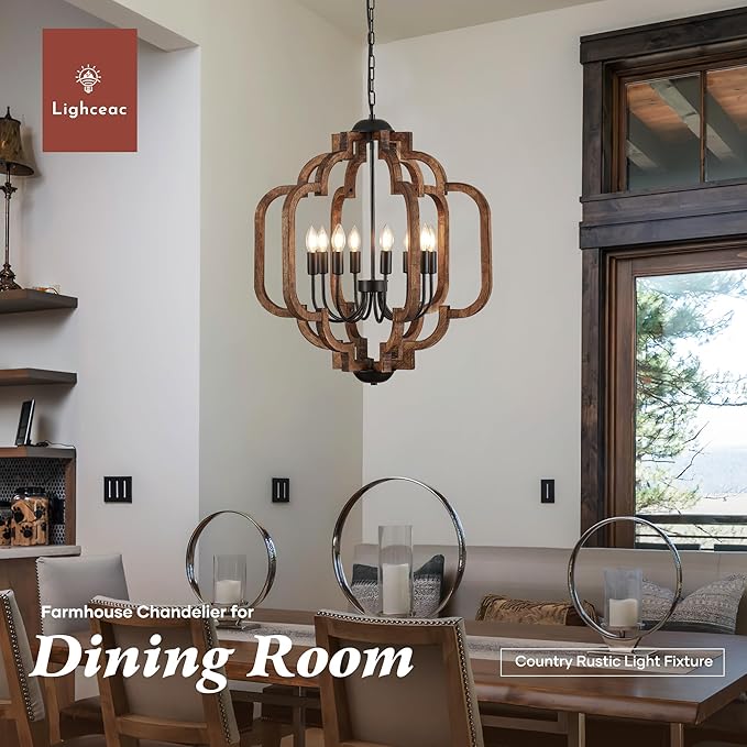 24.6" Farmhouse Vintage Chandelier 8-Light for Dining Room Rustic Handmade Wood Hanging Ceiling Pendant Light Fixture for Entryway Brown Retro Chandeliers for Kitchen Bedroom Foyer Hallway