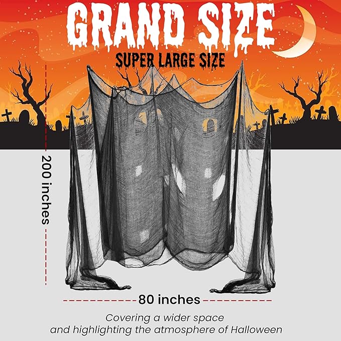 [2 Packs] Halloween Creepy Cloth, Spooky Giant (48 x 240 in.) Cheese Cloth Tapestry for Halloween Party Supplies Decorations Outdoor Yard Home Wall Decor, Black