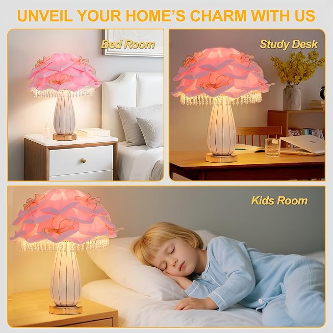 Pink Girls Table Lamp Romantic Bouquet Bedside Lamp Cute Nightstand Light Nordic Table Lamp for Bedroom Living Room Entry Office Study Room Kid Room Valentines Dating Wedding Decor