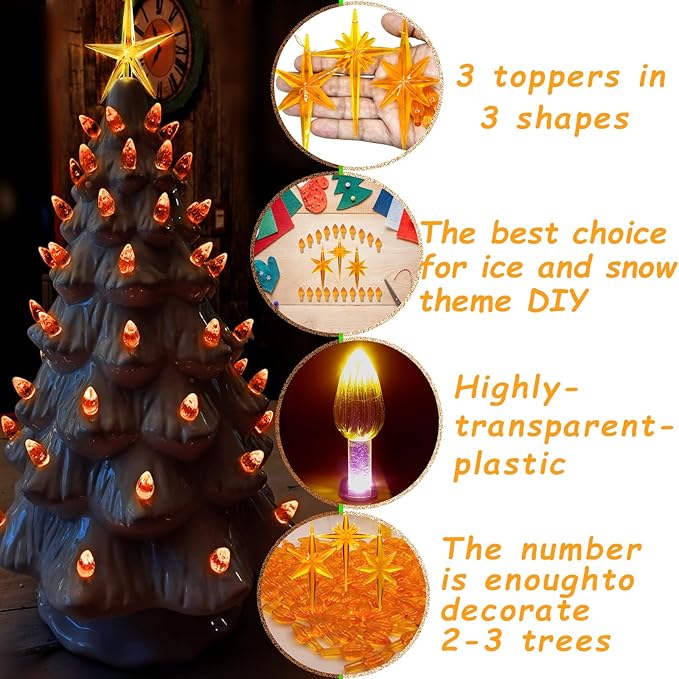 Ceramic Christmas Tree Replacement Lights Bulbs, Orange Medium Twist Plastics Pegs Ornaments for Ceramic Tree(87 Bulbs＆ 3 Topper Star)