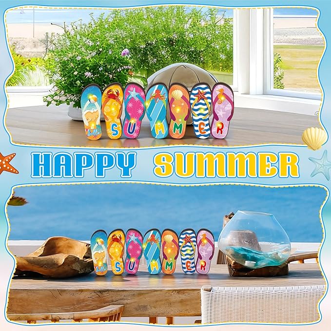 Yousoontic Summer Beach Flip Flop Table Centerpiece Decor - 3D Wooden Slippers Sign with LED Lights, Hawaii Luau Tropical Decor for Home Mantel, Desk & Party