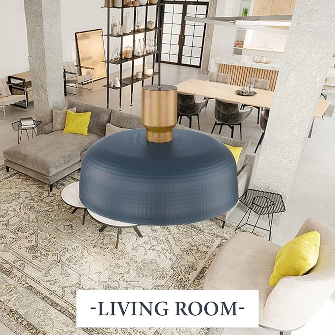 Darkaway Oversized Industrial Pendant Light Fixtures with Hammered Metal Shade, 18.1inch Blue Large Pendant Lighting for Kitchen Island Hanging Lamp Adjustable Height