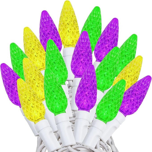 ‎‎‎Novelty Lights 24FT 70 LED C6 LED Mardi Gras String Lights, Outdoor Christmas Tree Commercial Grade LED String Lights, Christmas Lights Outdoor Tree Decorations Outdoor (Yellow/Purple/Green)