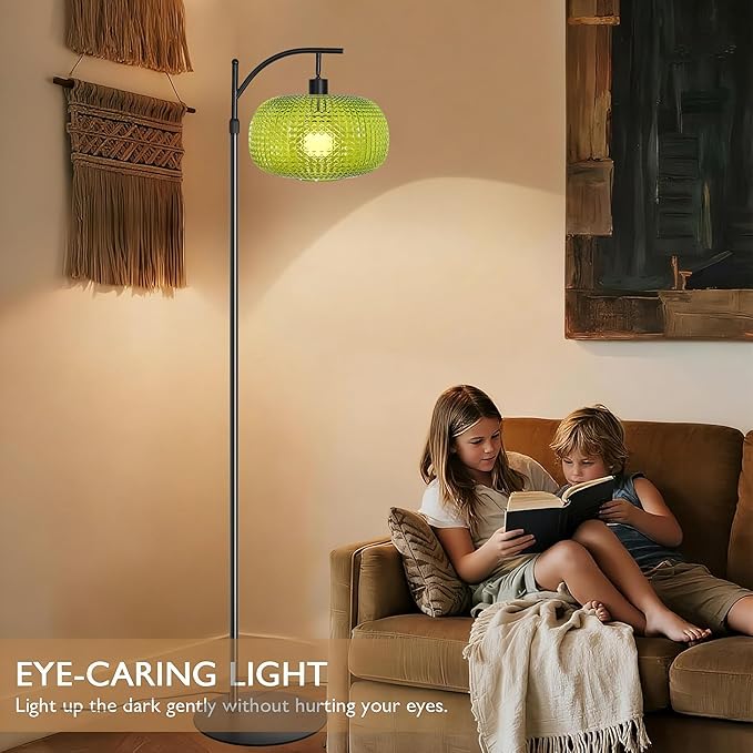 Floor Lamp for Living Room with Green Glass Shade, Modern Standing Lamp with Remote Control, Black Dimmable Tall Lamp for Bedroom Office with 12W LED Bulb