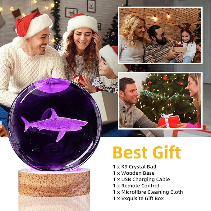 3D Shark Crystal Ball Night Light with Remote Upgraded 3.15 in Shark Glass Ball Table Lamps with 16 Color Led Wooden Base for Birthday Xmas Cool Shark Figurines Room Decor Gifts for Kids Teen