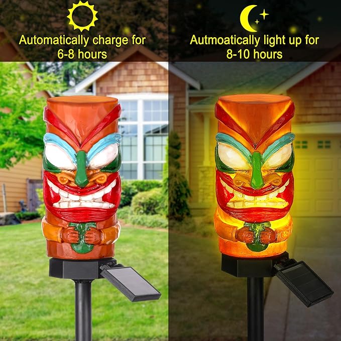 2 Pack Tiki Solar Lights 17 Inch Waterproof Outdoor Garden Decor Automatically Lighting Solar Statues for Yard Patio Balcony Lawn Tiki Bar Hawalian Luau Party